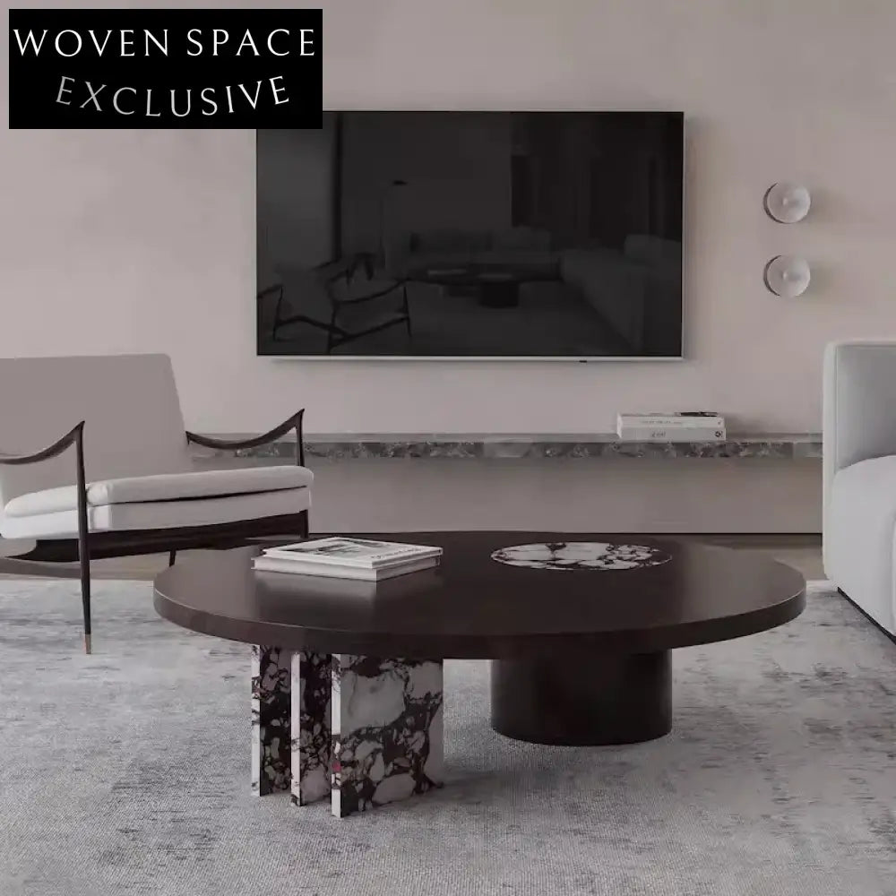 Elegant Round Marble Top Modern Living Room Solid Wood Base Coffee Table