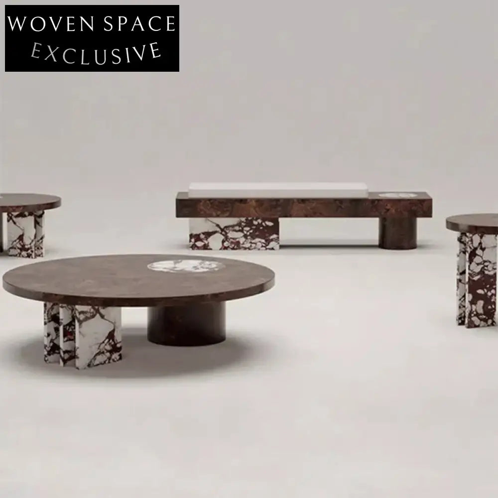 Elegant Round Marble Top Modern Living Room Solid Wood Base Coffee Table