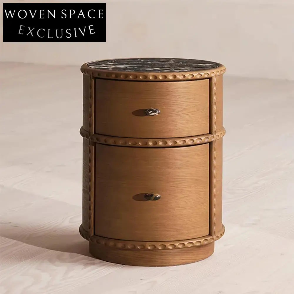 Elegant Round Marble Top Nightstand with Drawer, Solid Wood Bedside Table