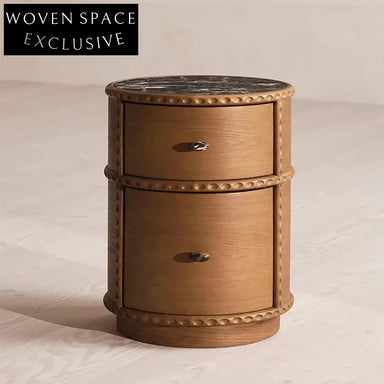 Elegant Round Marble Top Nightstand with Drawer, Solid Wood Bedside Table