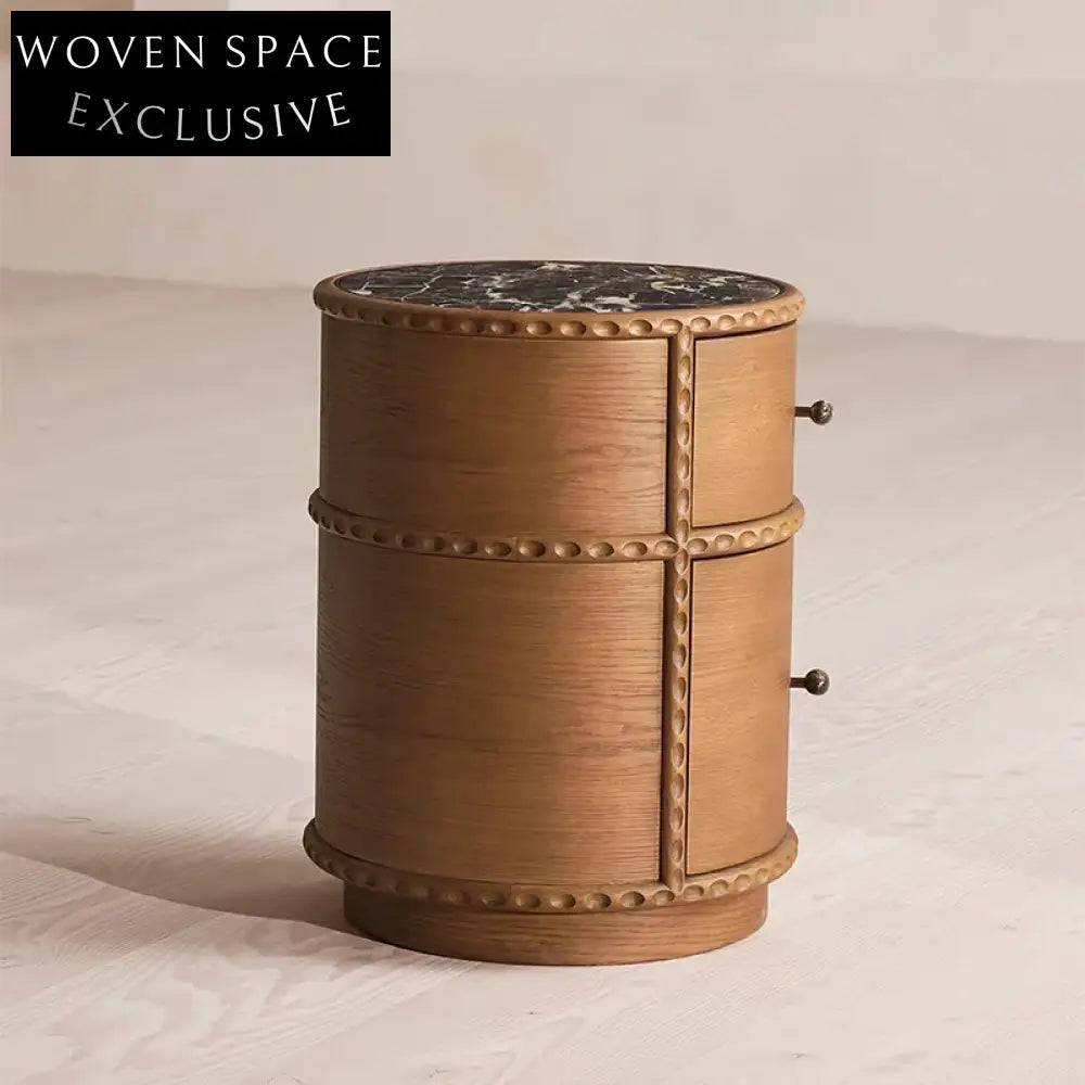 Elegant Round Marble Top Nightstand with Drawer, Solid Wood Bedside Table