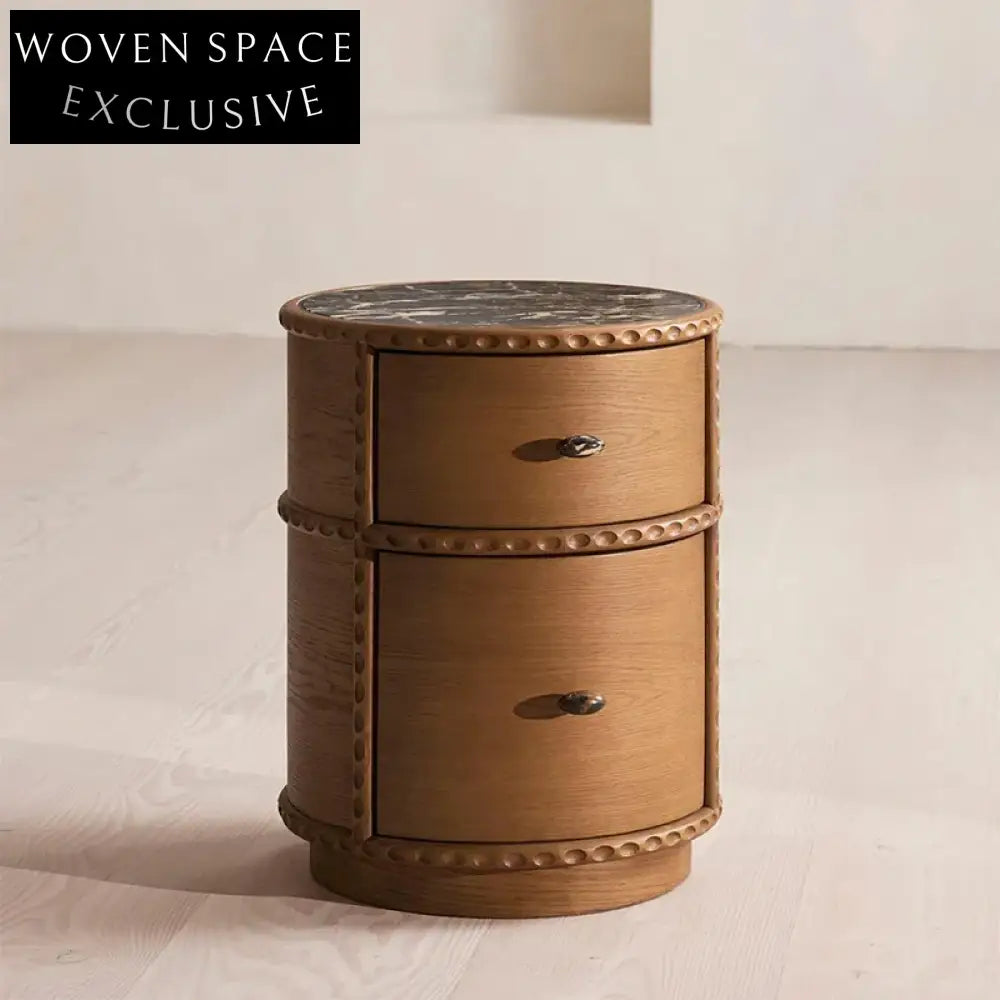 Elegant Round Marble Top Nightstand with Drawer, Solid Wood Bedside Table