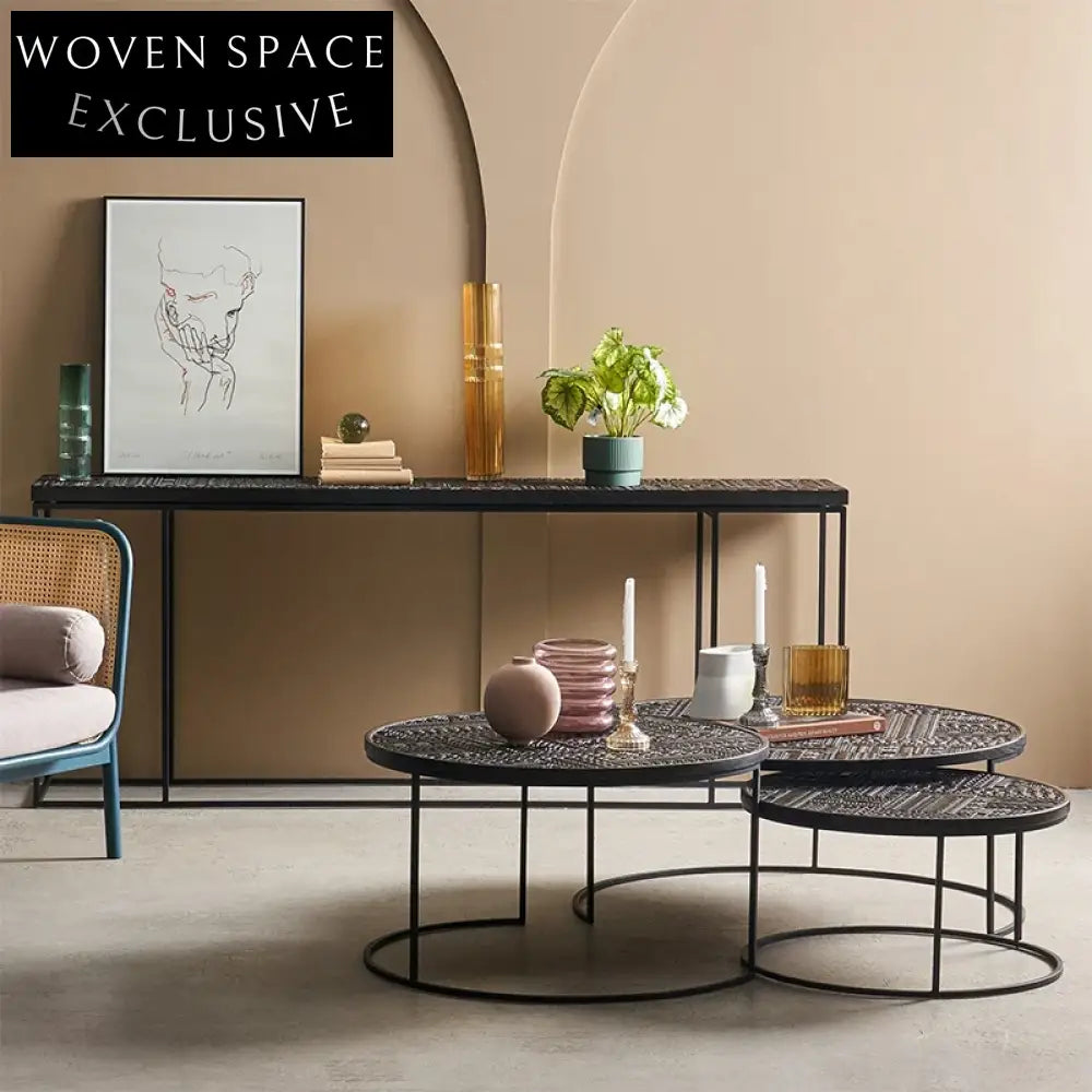 Elegant Round Metal Carved Modern Luxury Living Room Coffee Table