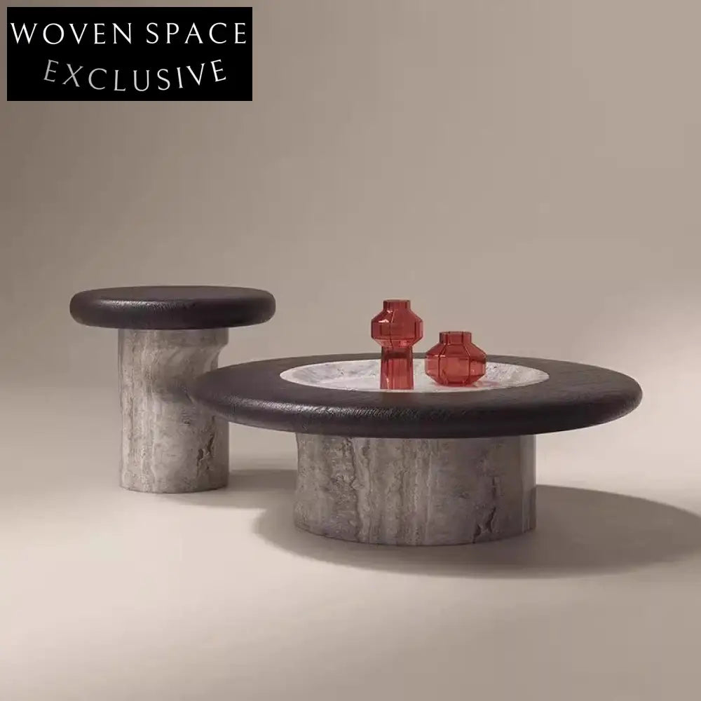 Elegant Round Natural Marble Top Coffee Table with Sturdy Wood Base