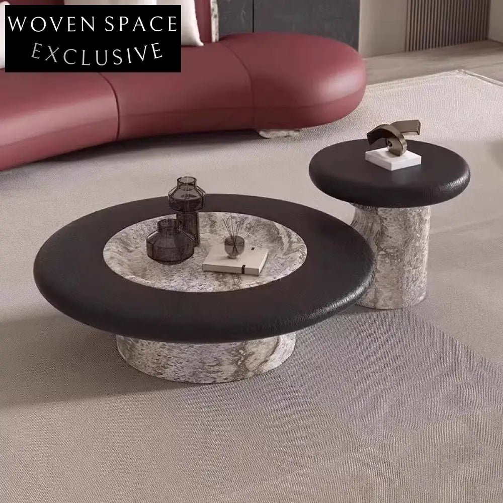 Elegant Round Natural Marble Top Coffee Table with Sturdy Wood Base