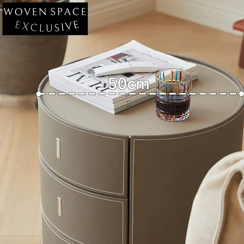 Elegant Round Saddle Leather 3-Drawer Nightstand - Modern Bedroom Bedside Table