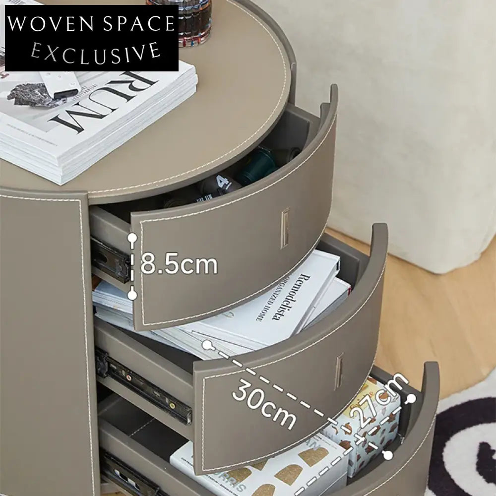 Elegant Round Saddle Leather 3-Drawer Nightstand - Modern Bedroom Bedside Table