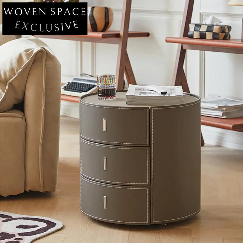 Elegant Round Saddle Leather 3-Drawer Nightstand - Modern Bedroom Bedside Table