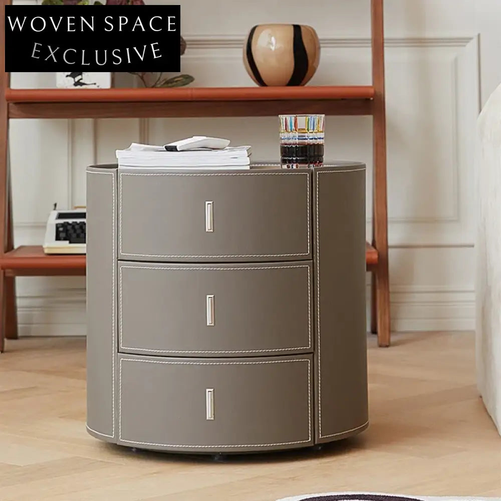 Elegant Round Saddle Leather 3-Drawer Nightstand - Modern Bedroom Bedside Table