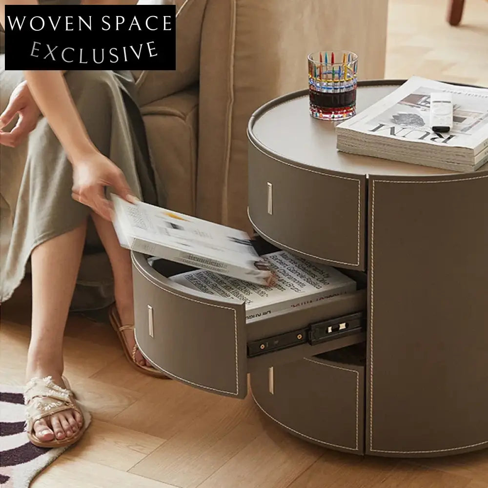Elegant Round Saddle Leather 3-Drawer Nightstand - Modern Bedroom Bedside Table