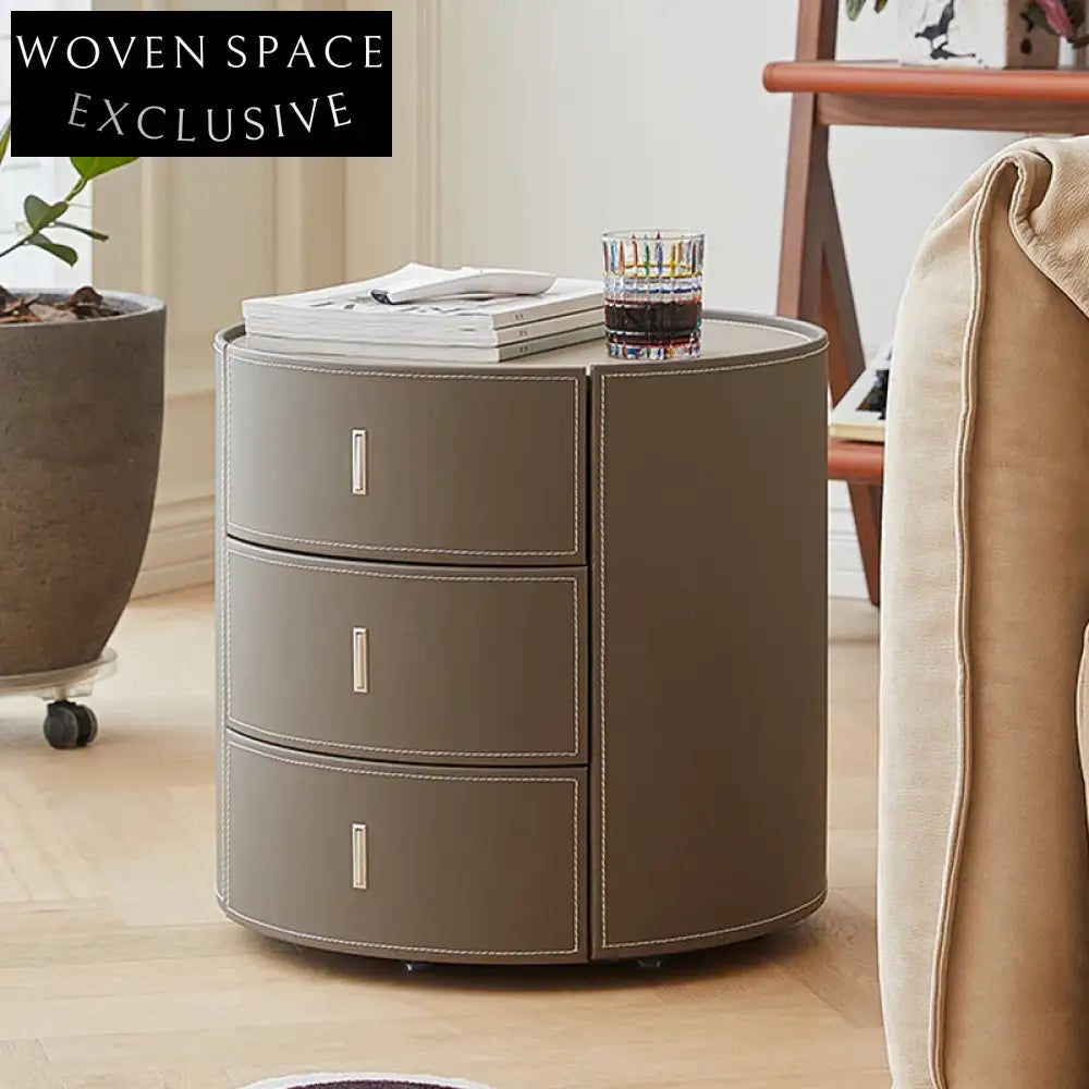 Elegant Round Saddle Leather 3-Drawer Nightstand - Modern Bedroom Bedside Table