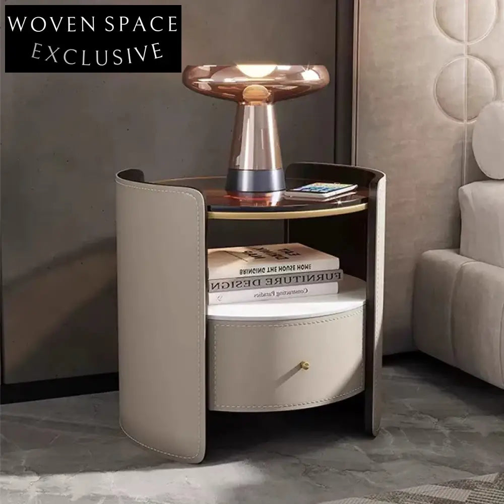 Elegant Round Saddle Leather Bedside Table with Storage for Master Bedroom