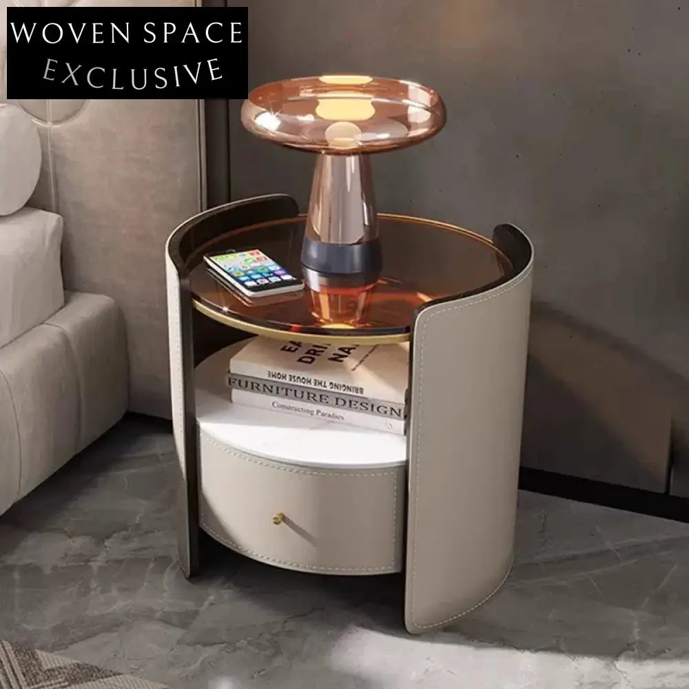 Elegant Round Saddle Leather Bedside Table with Storage for Master Bedroom