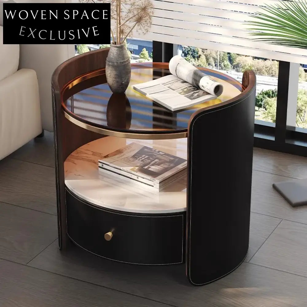 Elegant Round Saddle Leather Bedside Table with Storage for Master Bedroom