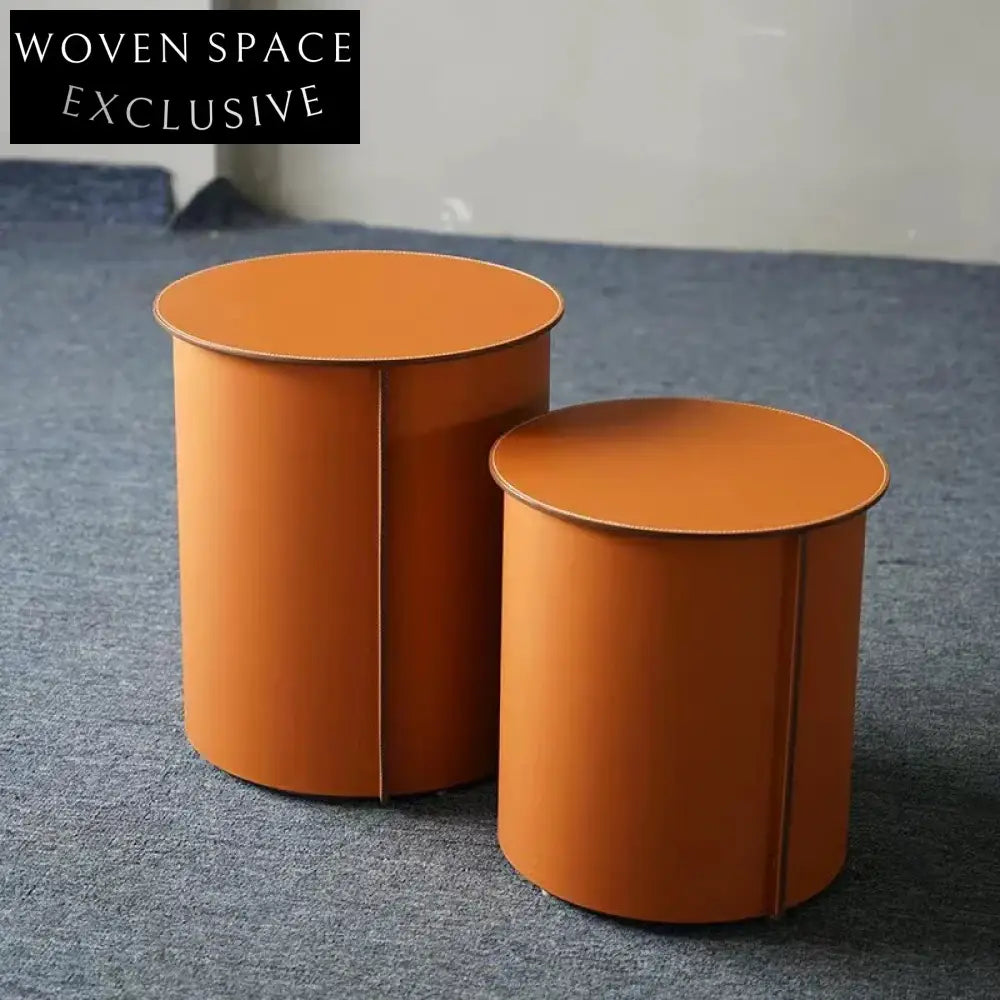 Elegant Round Saddle Leather Coffee Table Set with Sturdy Metal Frame Tables