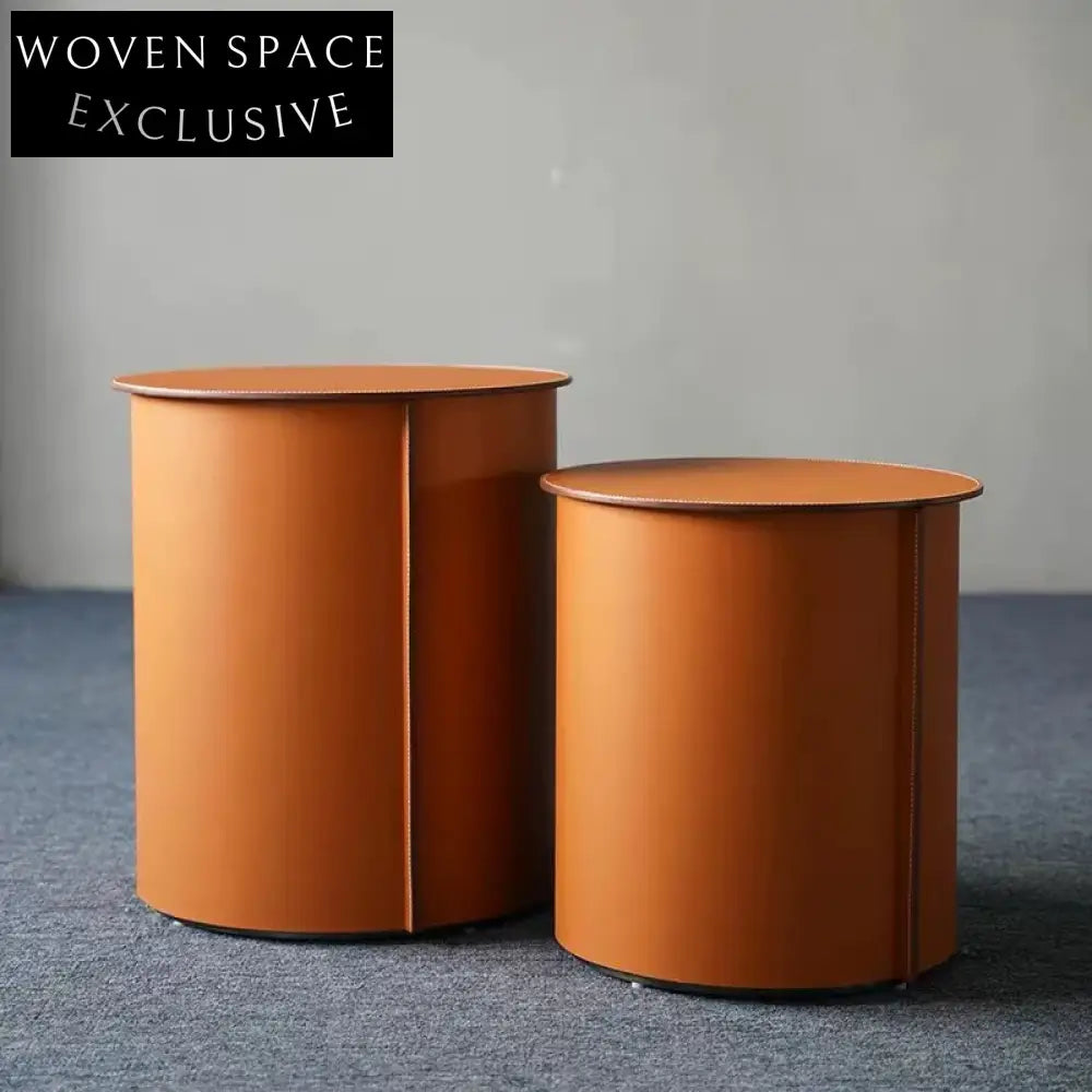 Elegant Round Saddle Leather Coffee Table Set with Sturdy Metal Frame Tables