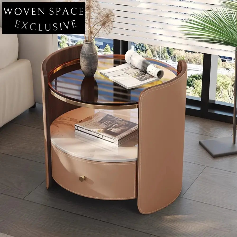 Elegant Round Saddle Leather Nightstand with Storage, Luxury Bedroom Bedside Table
