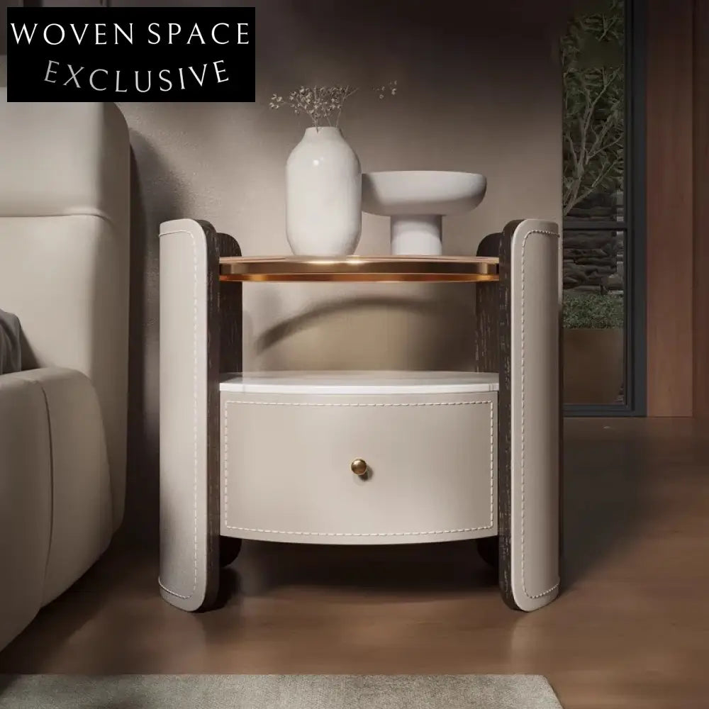 Elegant Round Saddle Leather Nightstand with Storage, Luxury Bedroom Bedside Table