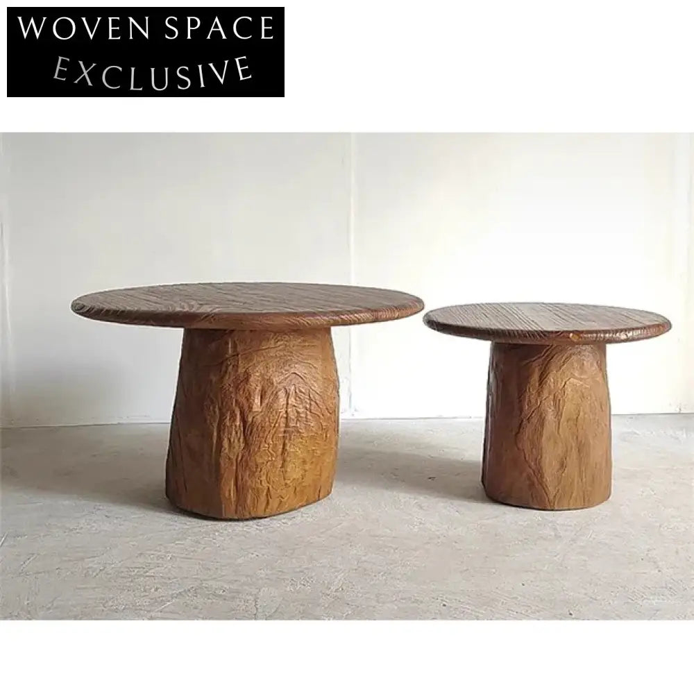 Elegant Round Solid Elm Wood Mushroom Wabi Sabi Coffee Table