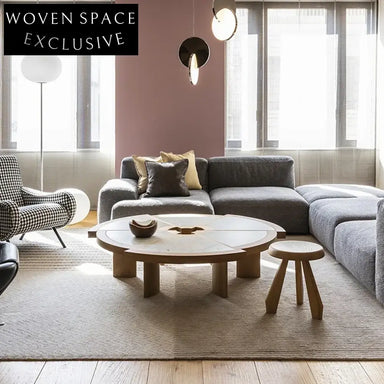 Elegant Round Solid Wood Slate Top Modern Living Room Coffee Table