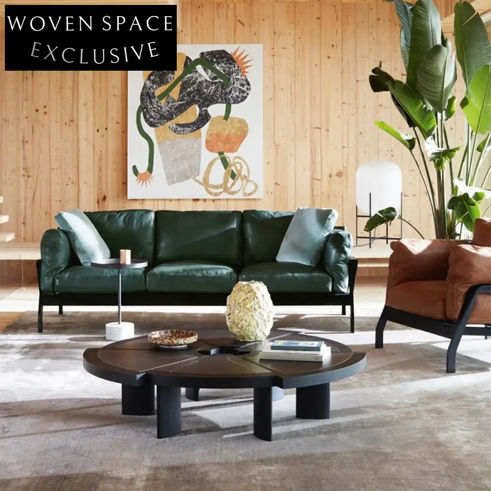 Elegant Round Solid Wood Slate Top Modern Living Room Coffee Table