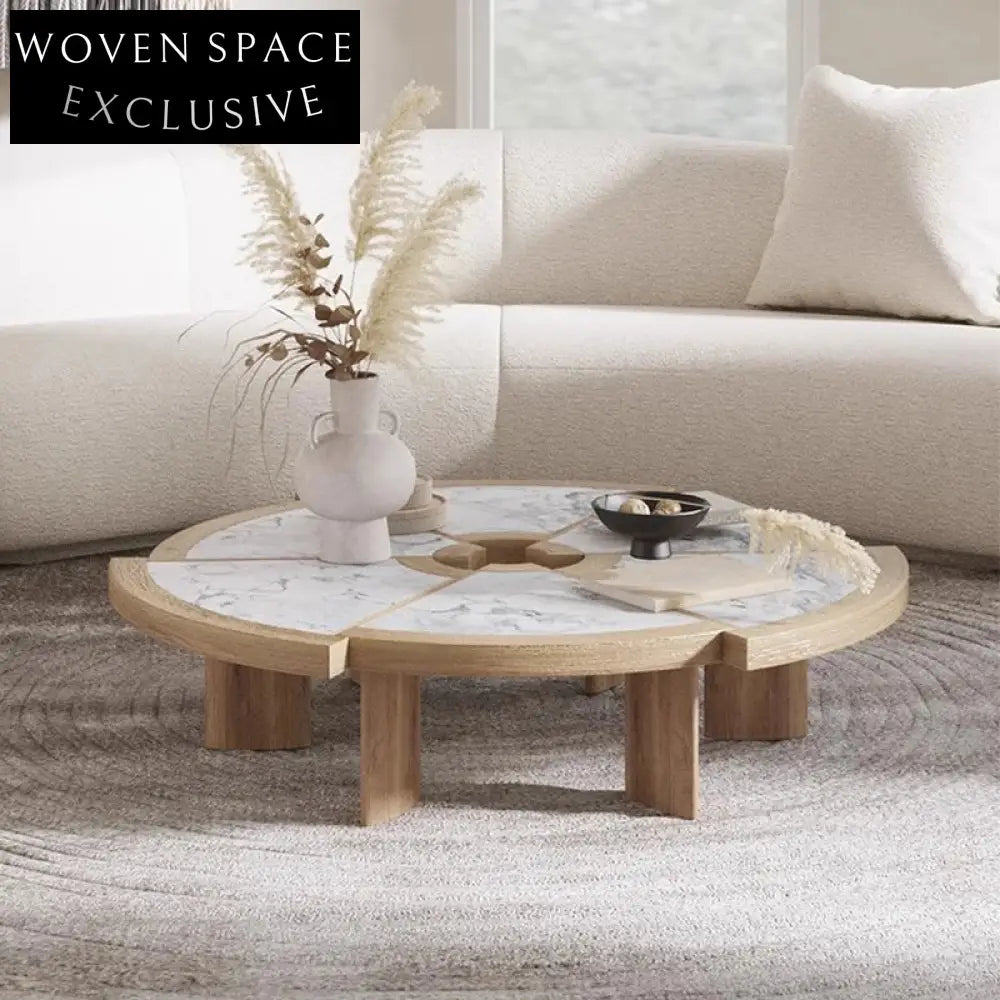 Elegant Round Solid Wood Slate Top Modern Living Room Coffee Table