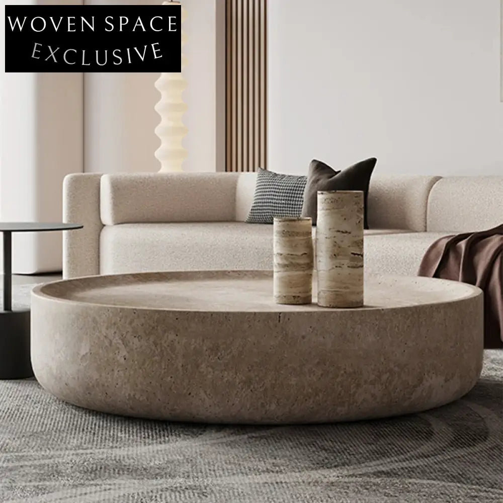 Elegant Round Travertine Coffee Table, Modern Natural Stone Living Room Centerpiece