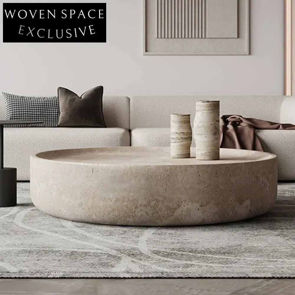 Elegant Round Travertine Coffee Table, Modern Natural Stone Living Room Centerpiece