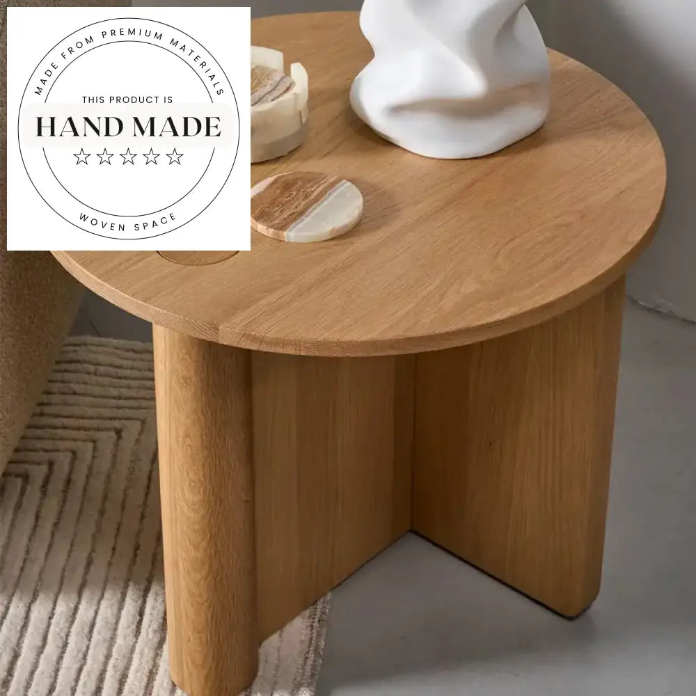 Elegant Round Travertine Marble and Solid Wood Accent Side Table