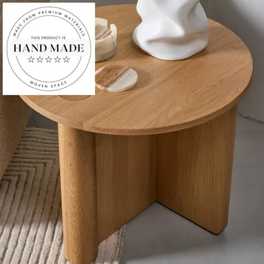 Elegant Round Travertine Marble and Solid Wood Accent Side Table