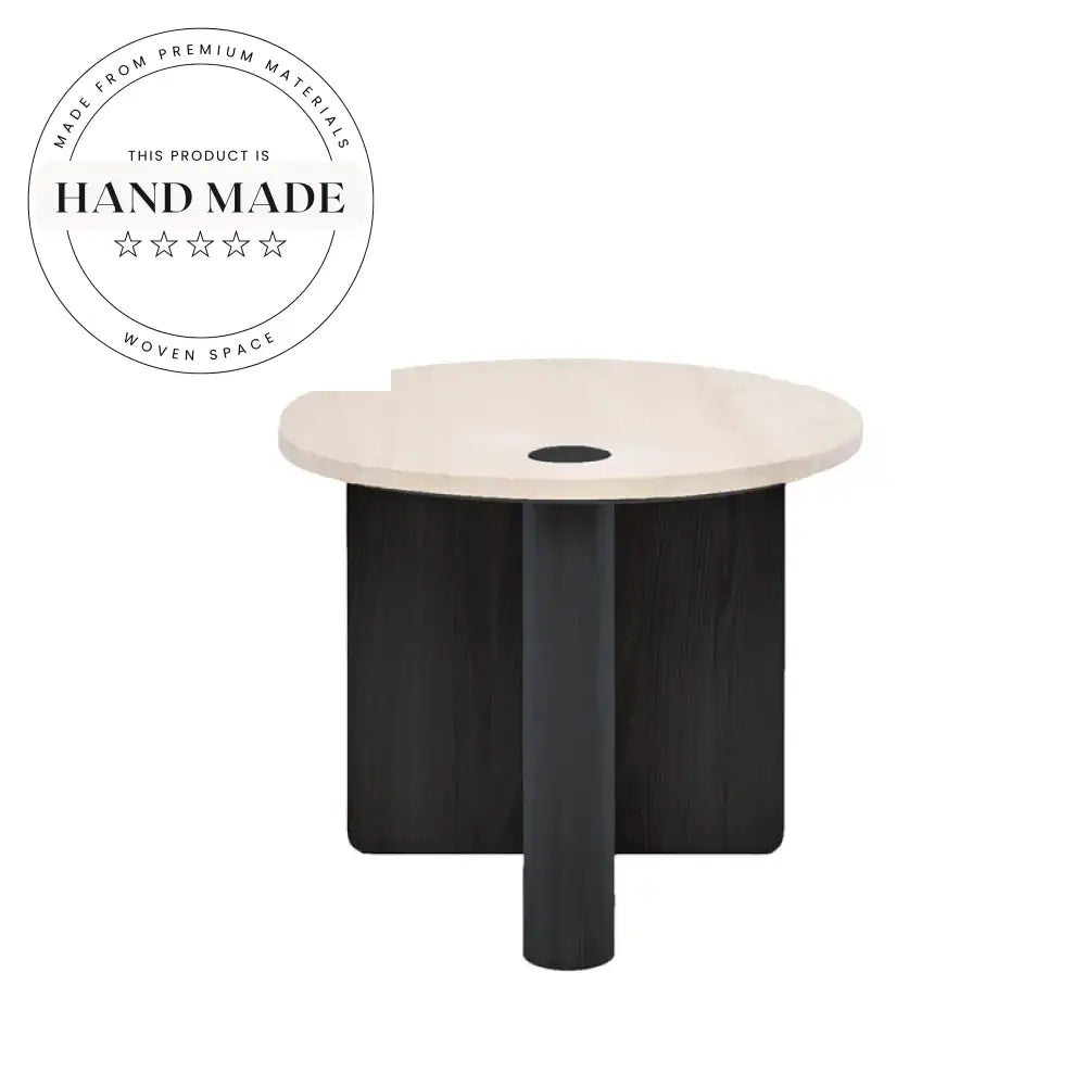 Elegant Round Travertine Marble and Solid Wood Accent Side Table