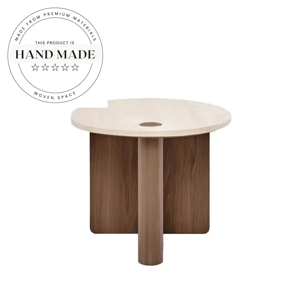 Elegant Round Travertine Marble and Solid Wood Accent Side Table