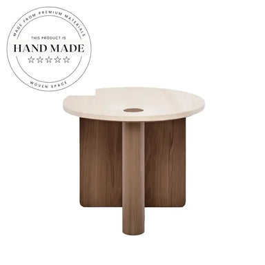 Elegant Round Travertine Marble and Solid Wood Accent Side Table