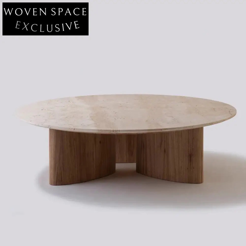 Elegant Round Travertine Top Solid Wood Base Designer Coffee Table for Modern Living