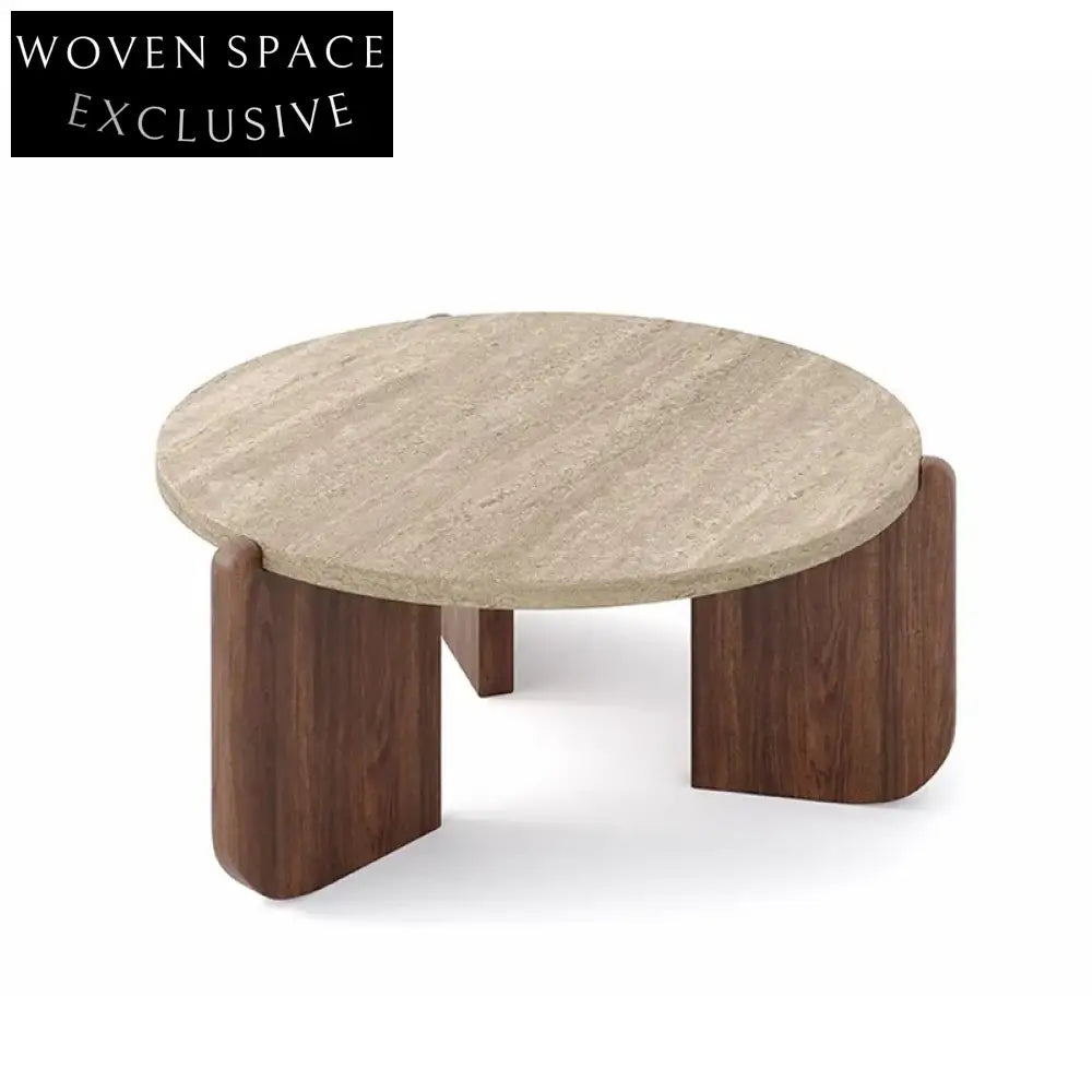 Elegant Round Travertine Top Solid Wood Leg Modern Living Room Coffee Table