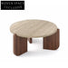 Elegant Round Travertine Top Solid Wood Leg Modern Living Room Coffee Table