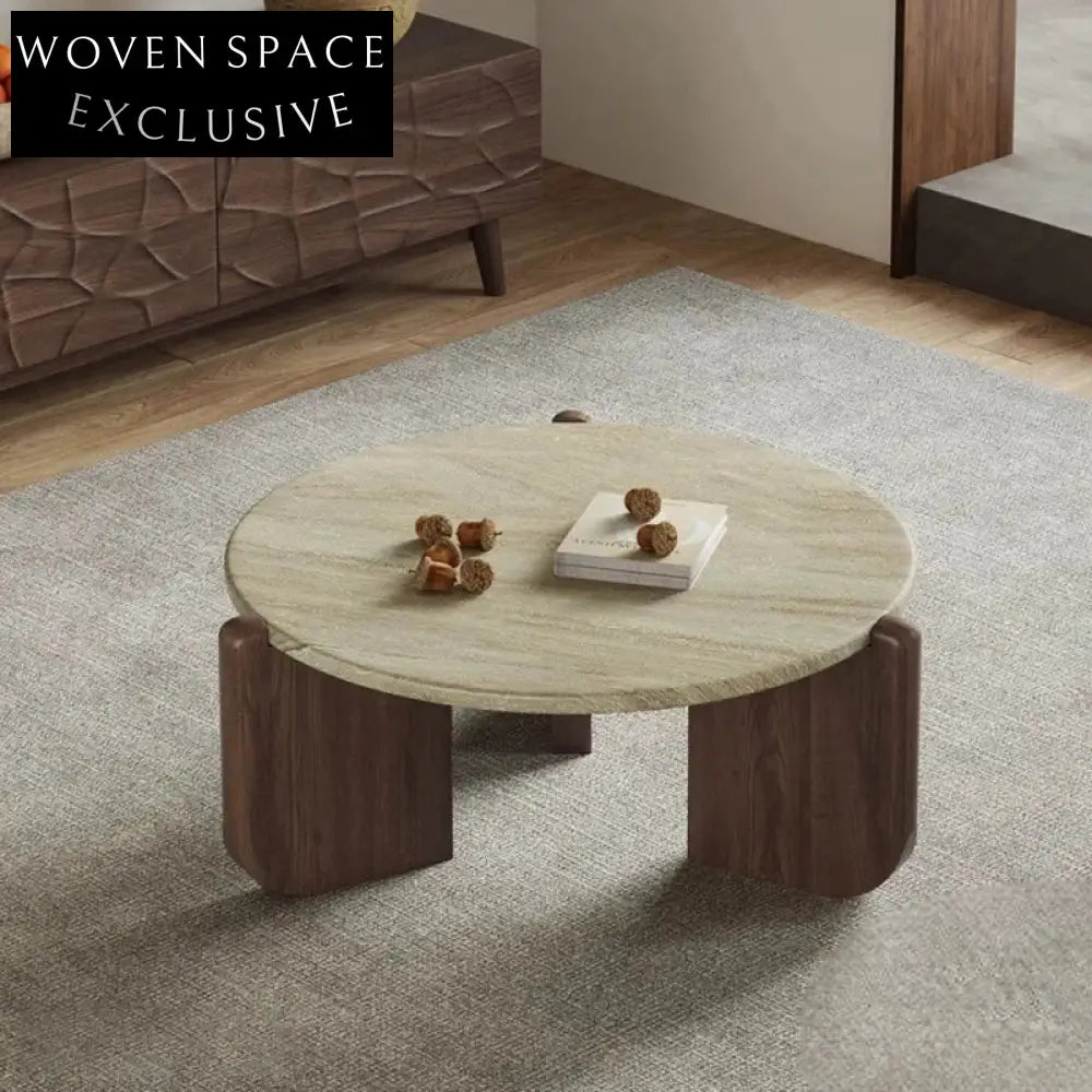 Elegant Round Travertine Top Solid Wood Leg Modern Living Room Coffee Table