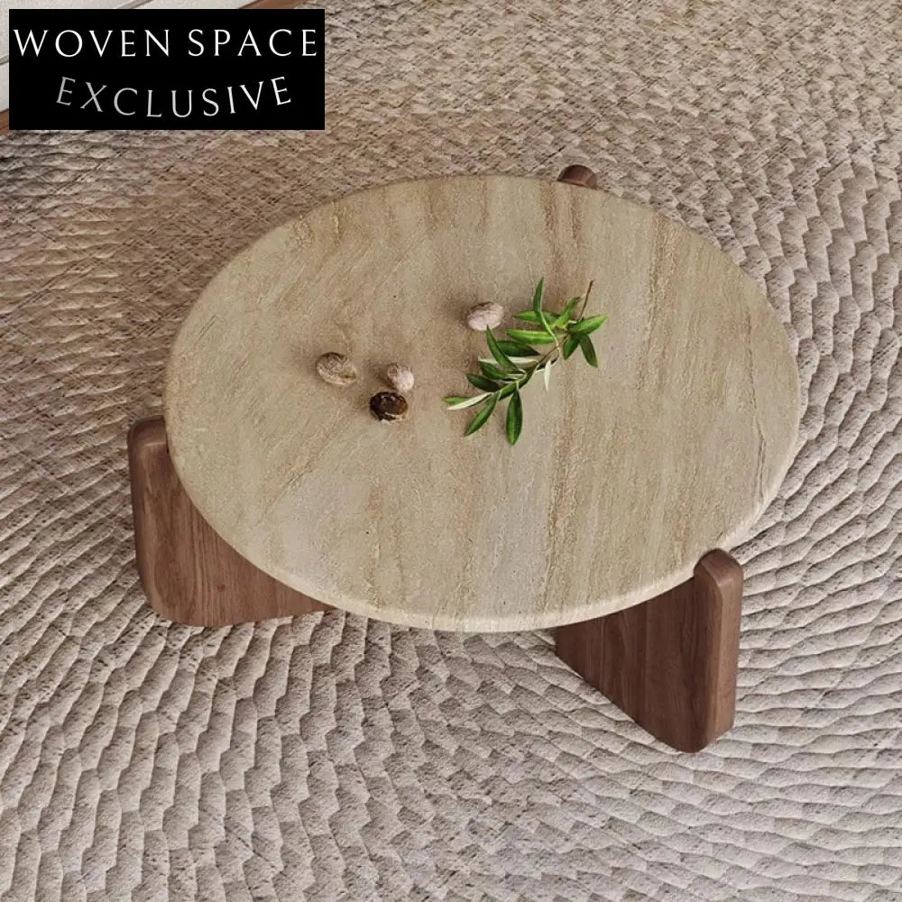 Elegant Round Travertine Top Solid Wood Leg Modern Living Room Coffee Table