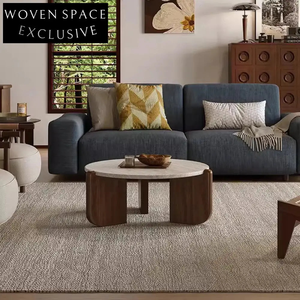 Elegant Round Travertine Top Solid Wood Leg Modern Living Room Coffee Table