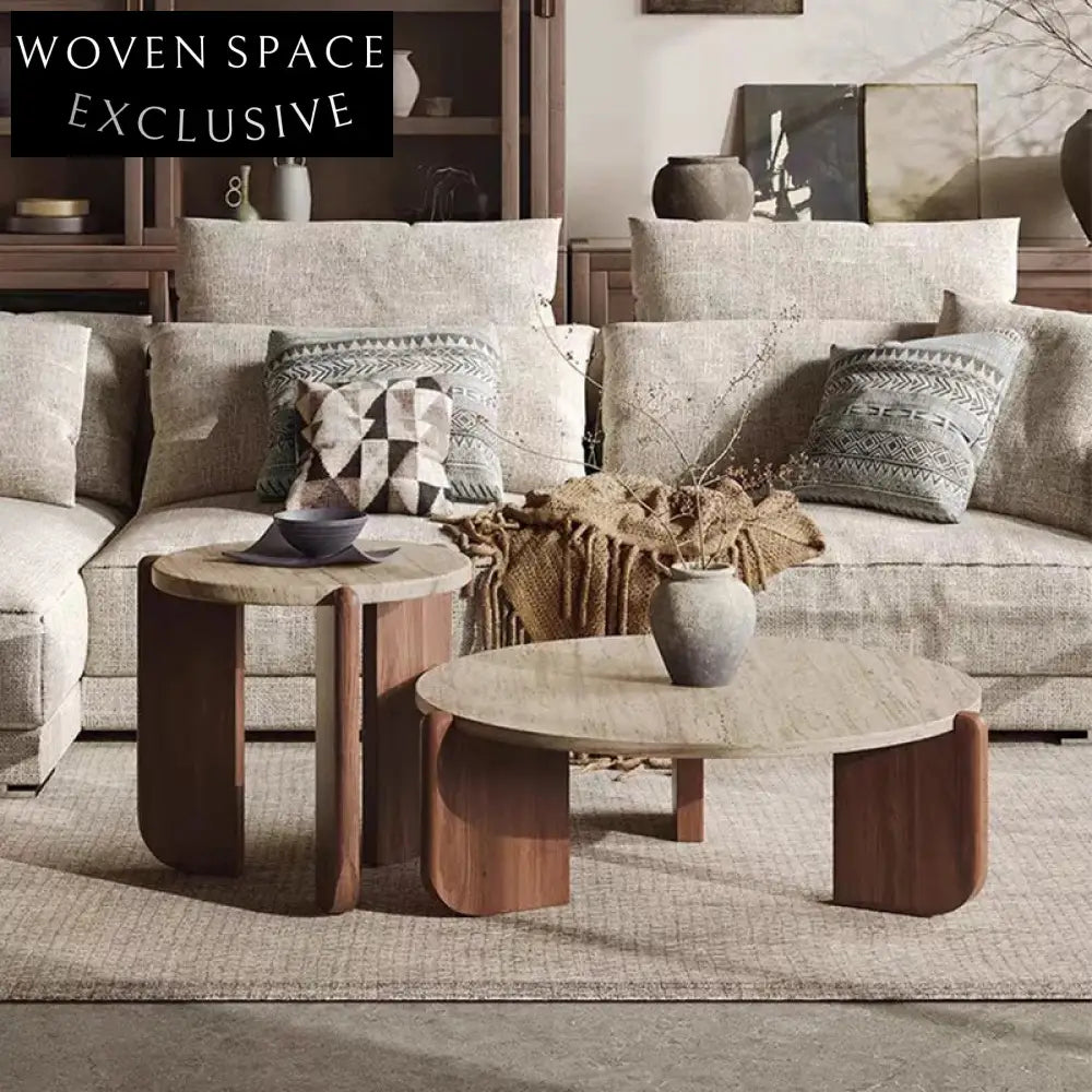 Elegant Round Travertine Top Solid Wood Leg Modern Living Room Coffee Table