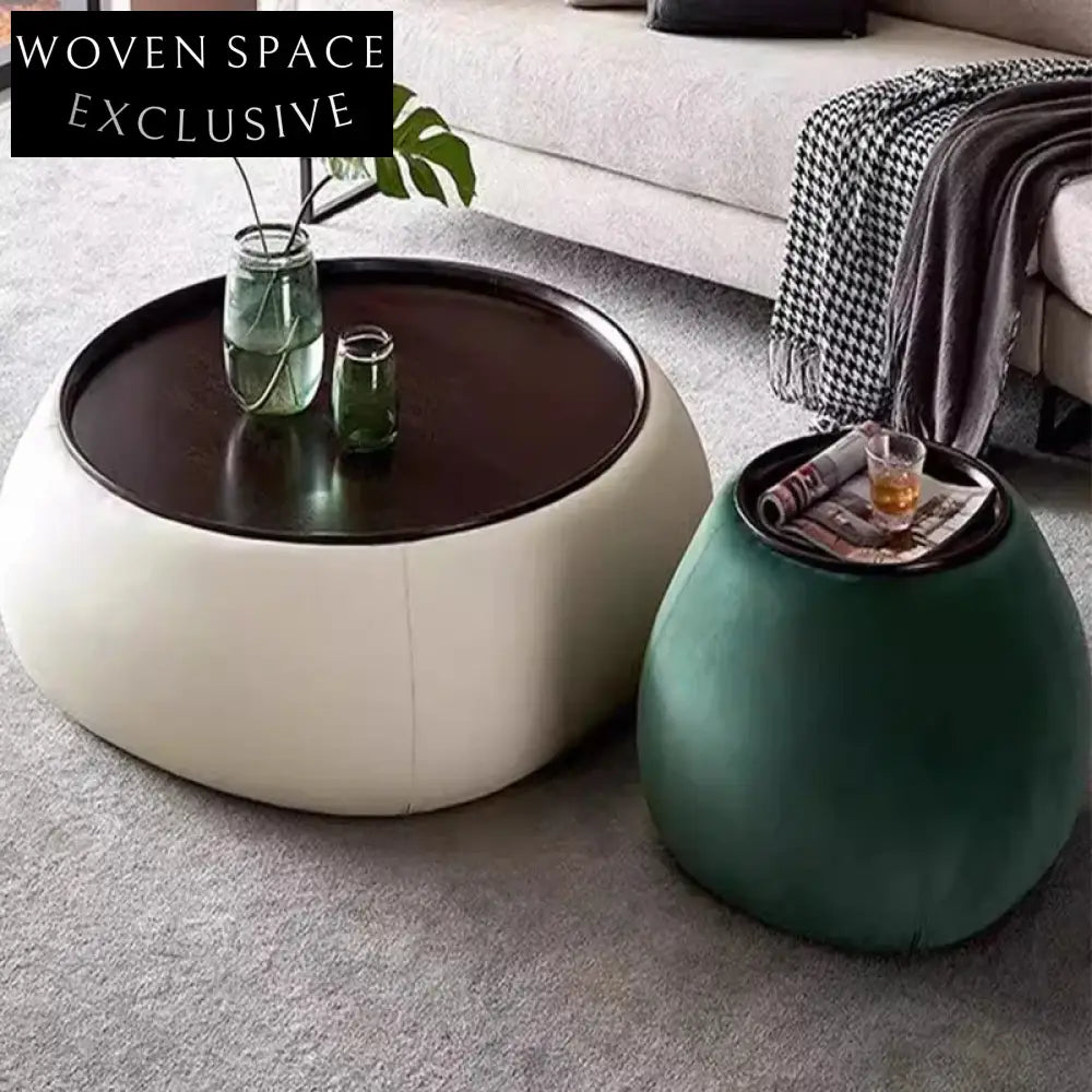 Elegant Round Wood Top Leather Coffee Table with Hidden Storage