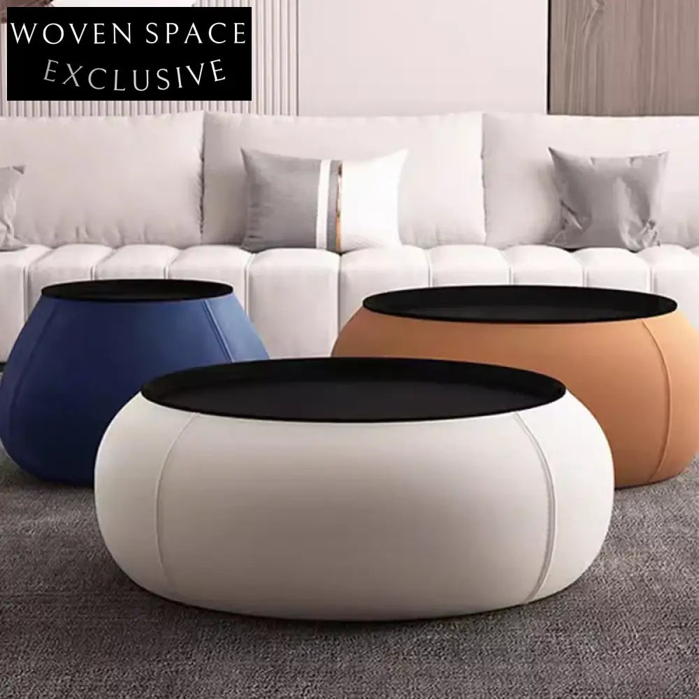 Elegant Round Wood Top Leather Coffee Table with Hidden Storage