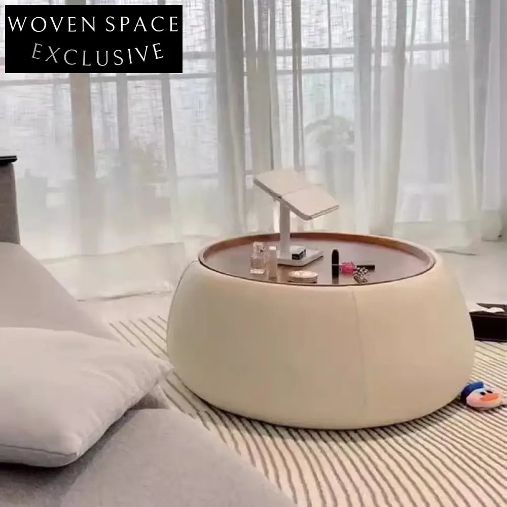 Elegant Round Wood Top Leather Coffee Table with Hidden Storage