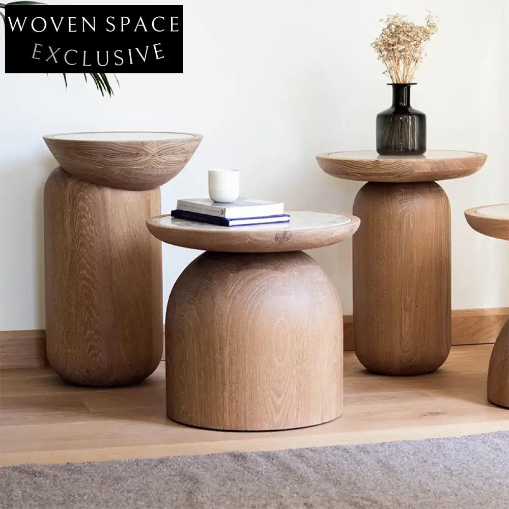 Elegant Round Wooden Marble Top Side Table Modern Accent Coffee Table
