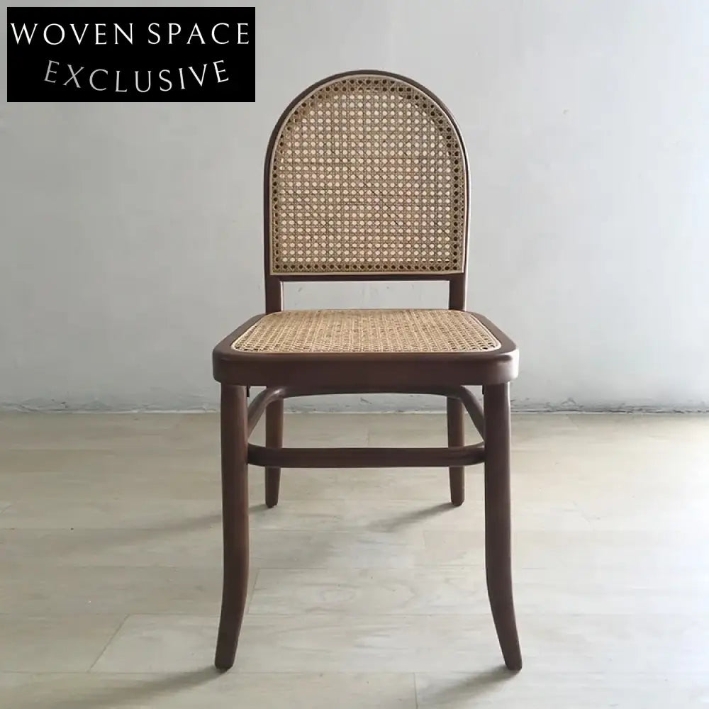 Elegant Rustic Rattan Wood Dining Chair with Round Back, Cafe Style Chair