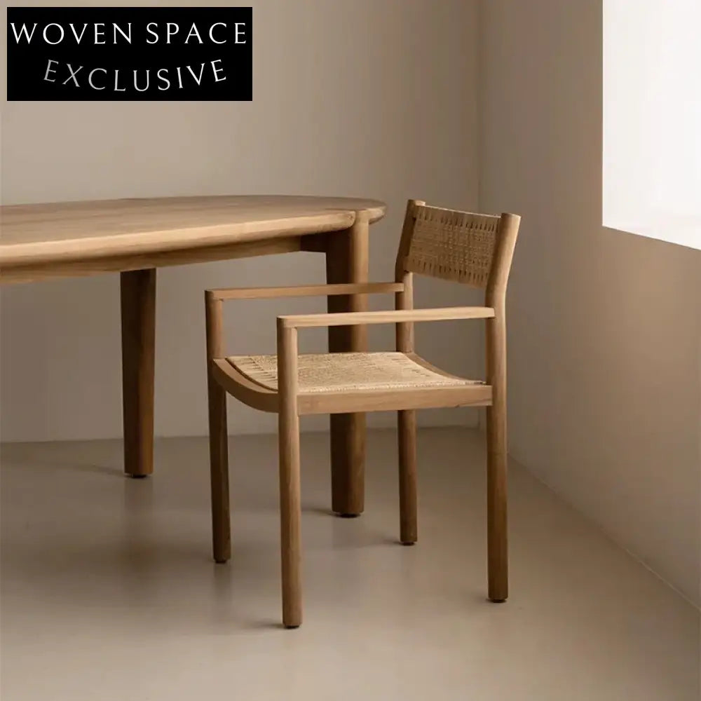 Elegant Rustic Retro Rattan Arm Dining Chair with Solid Wood Frame