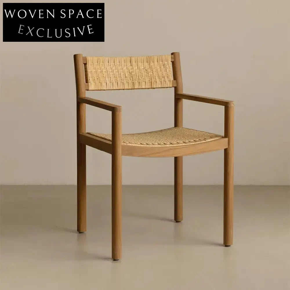 Elegant Rustic Retro Rattan Arm Dining Chair with Solid Wood Frame