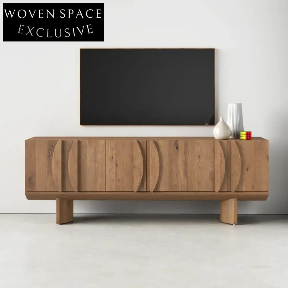 Elegant Six-Door Solid Wood TV Console Cabinet with Walnut Veneer Finish