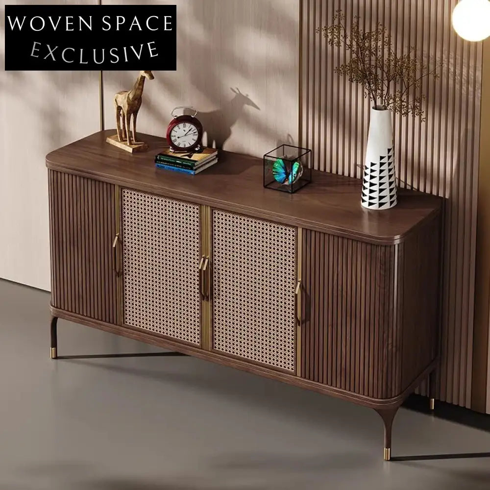 Elegant Solid Ash Wood Rattan 4-Door Storage Console Cabinet