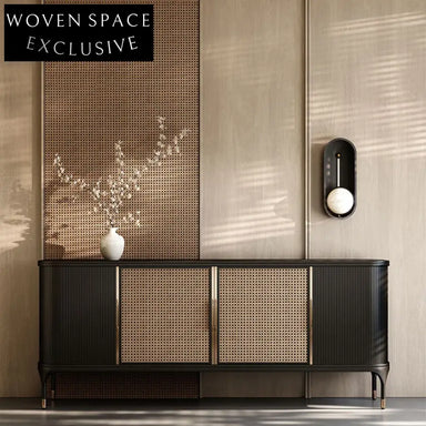 Elegant Solid Ash Wood Rattan 4-Door Storage Console Cabinet